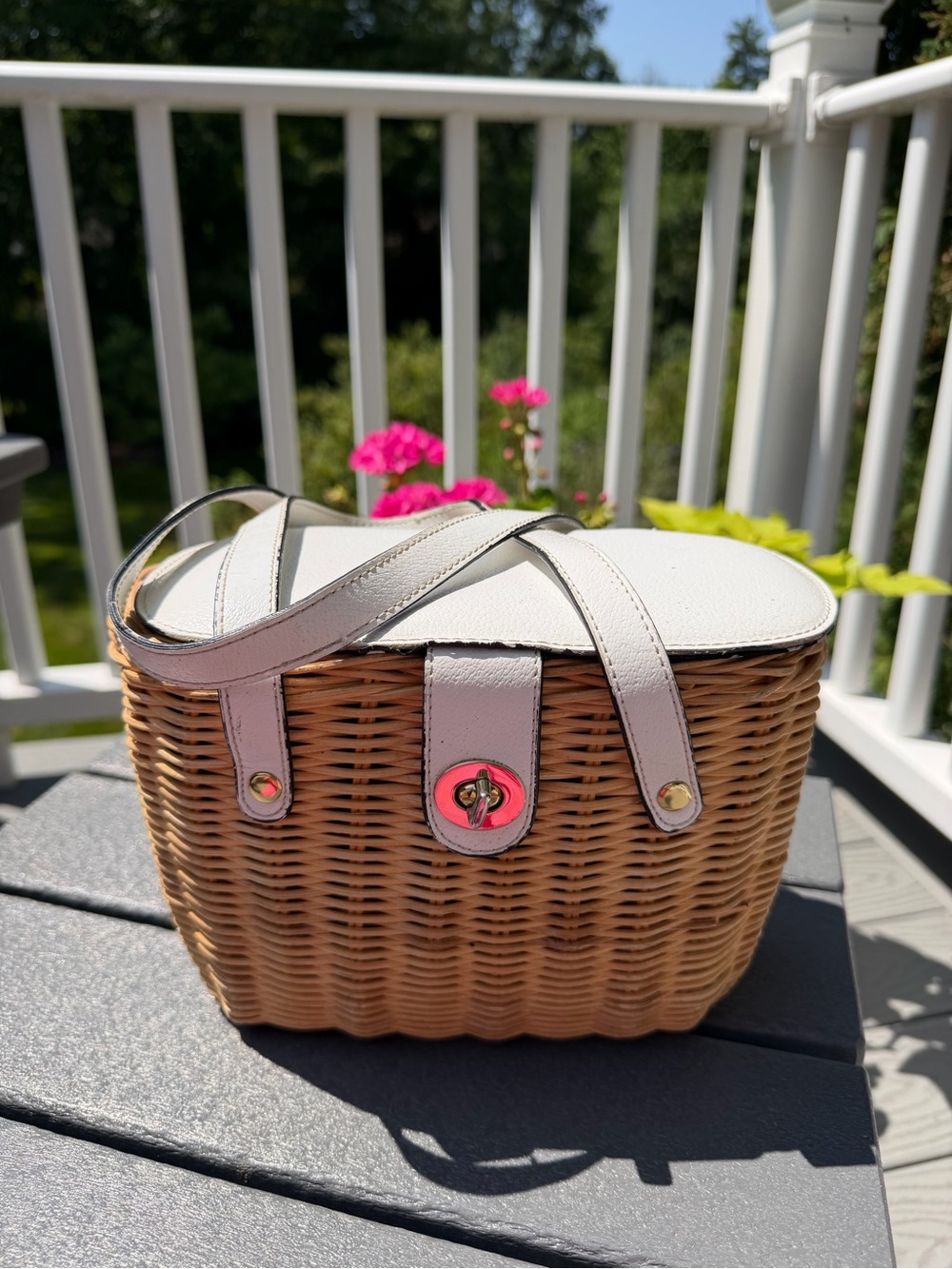 Wicker Bag with White Leather Trim